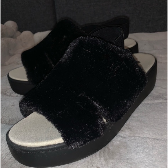 Anne Klein Shoes - Anne Klein Fuzzy Black Slip On Platforms